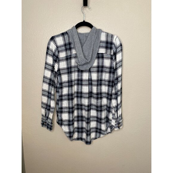 SO Womens Black Plaid Button-Up Hoodie Shirt Small 100% cotton‎ long sleeve - Picture 4 of 7
